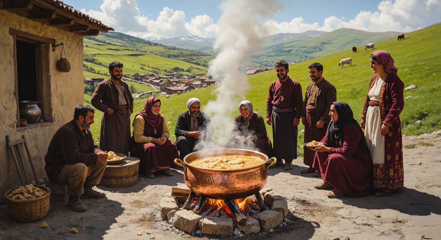 A steaming copper cauldron of *keşkek* sits over a wood fire in a sunlit village square in Afyon, surrounded by smiling locals in traditional attire, with rolling green hills and grazing cattle in the background.