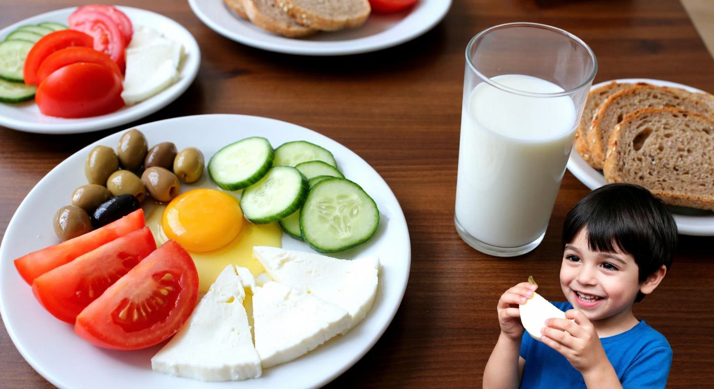 A colorful Turkish breakfast spread on a wooden table, featuring a boiled egg, slices of white cheese, olives, honey drizzled over tahini, fresh tomatoes and cucumbers, whole wheat bread, and a glass of milk, with a cheerful 7-year-old child smiling and reaching for a piece of fruit.