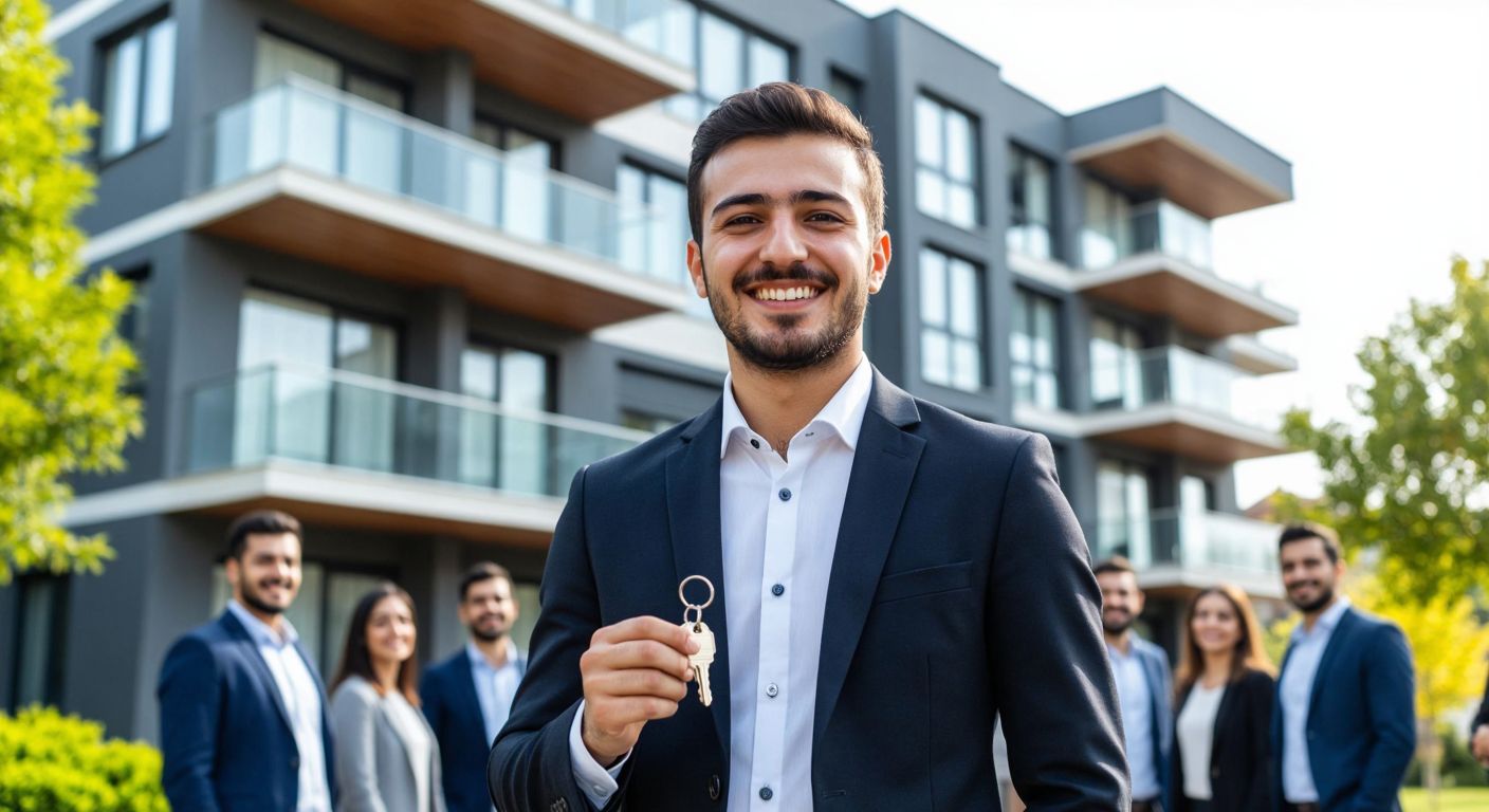 A confident Turkish real estate agent in a sharp suit stands in front of a modern apartment building, holding a set of keys while smiling warmly at a diverse group of potential buyers.