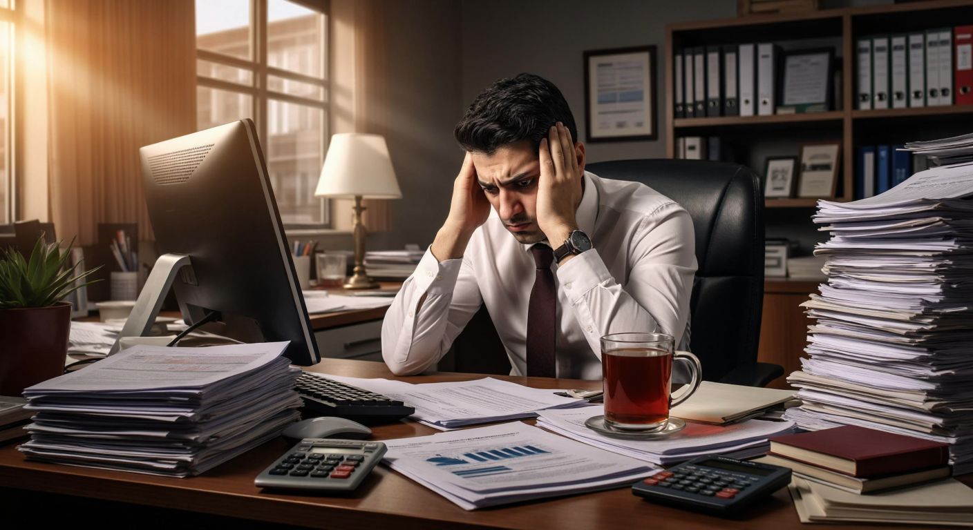 A tired Turkish financial consultant in a cluttered office, surrounded by stacks of documents, a calculator, and a steaming cup of Turkish tea, rubbing their temples while staring at a computer screen displaying tax forms.