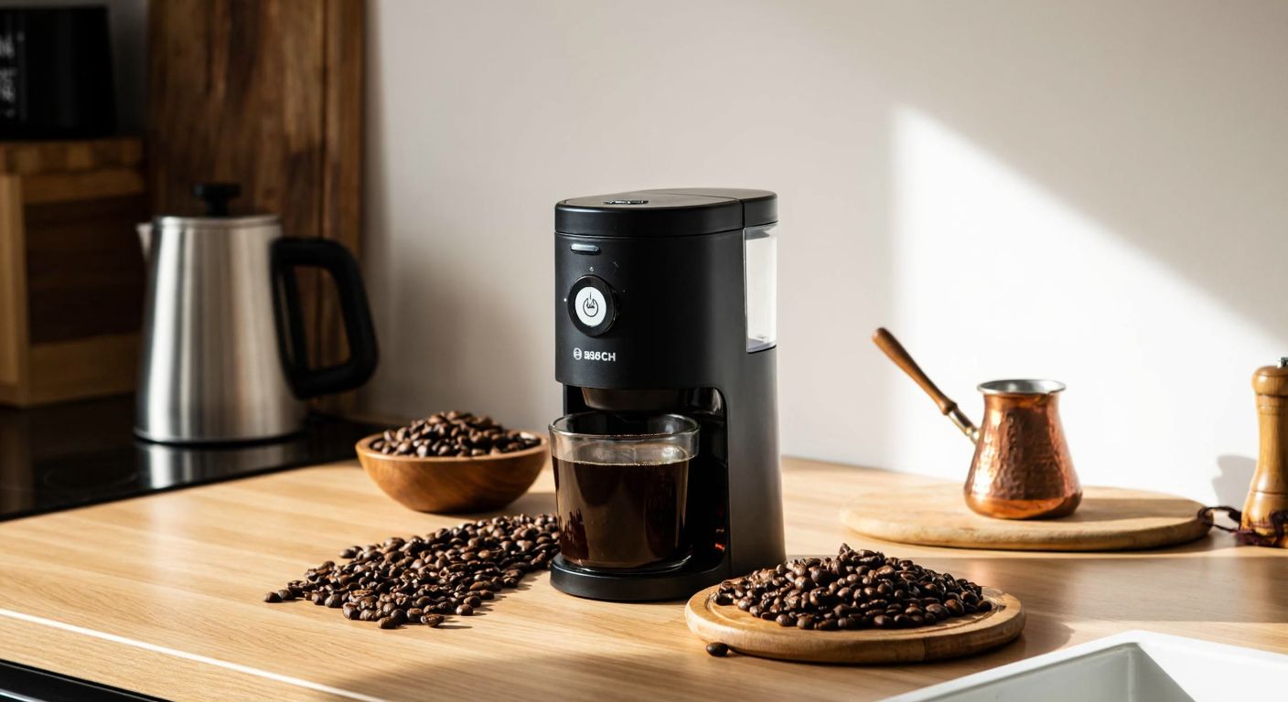 A sleek black Bosch coffee grinder sits on a wooden kitchen counter in a sunlit Turkish home, surrounded by fresh coffee beans and a traditional Turkish coffee pot.
