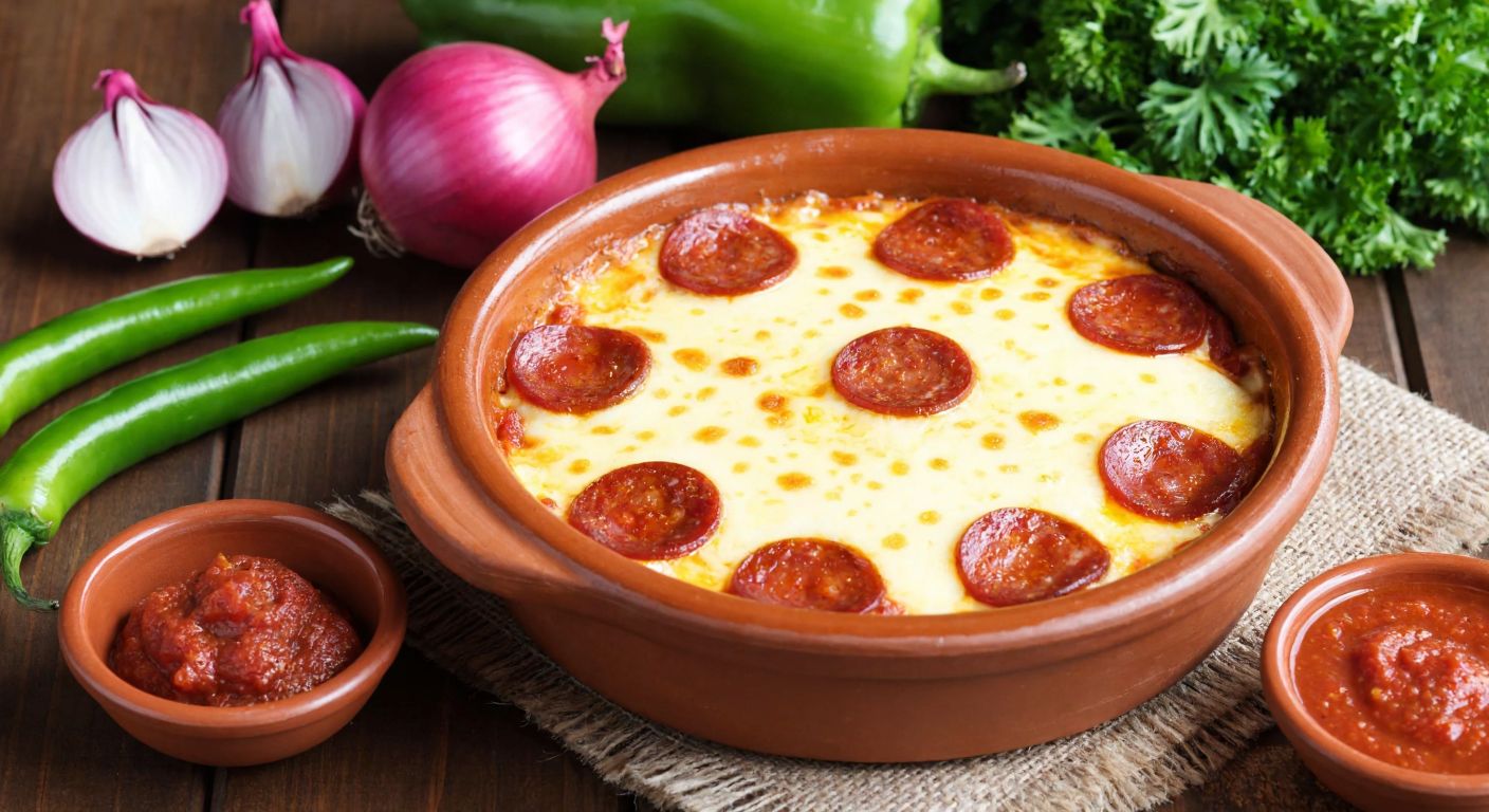 A rustic clay güveç dish bubbling with golden melted kaşar cheese, sliced sucuk, and diced tomatoes, resting on a wooden table beside fresh ingredients like onions, green peppers, and a small bowl of tomato paste, evoking warmth and traditional Turkish comfort food.