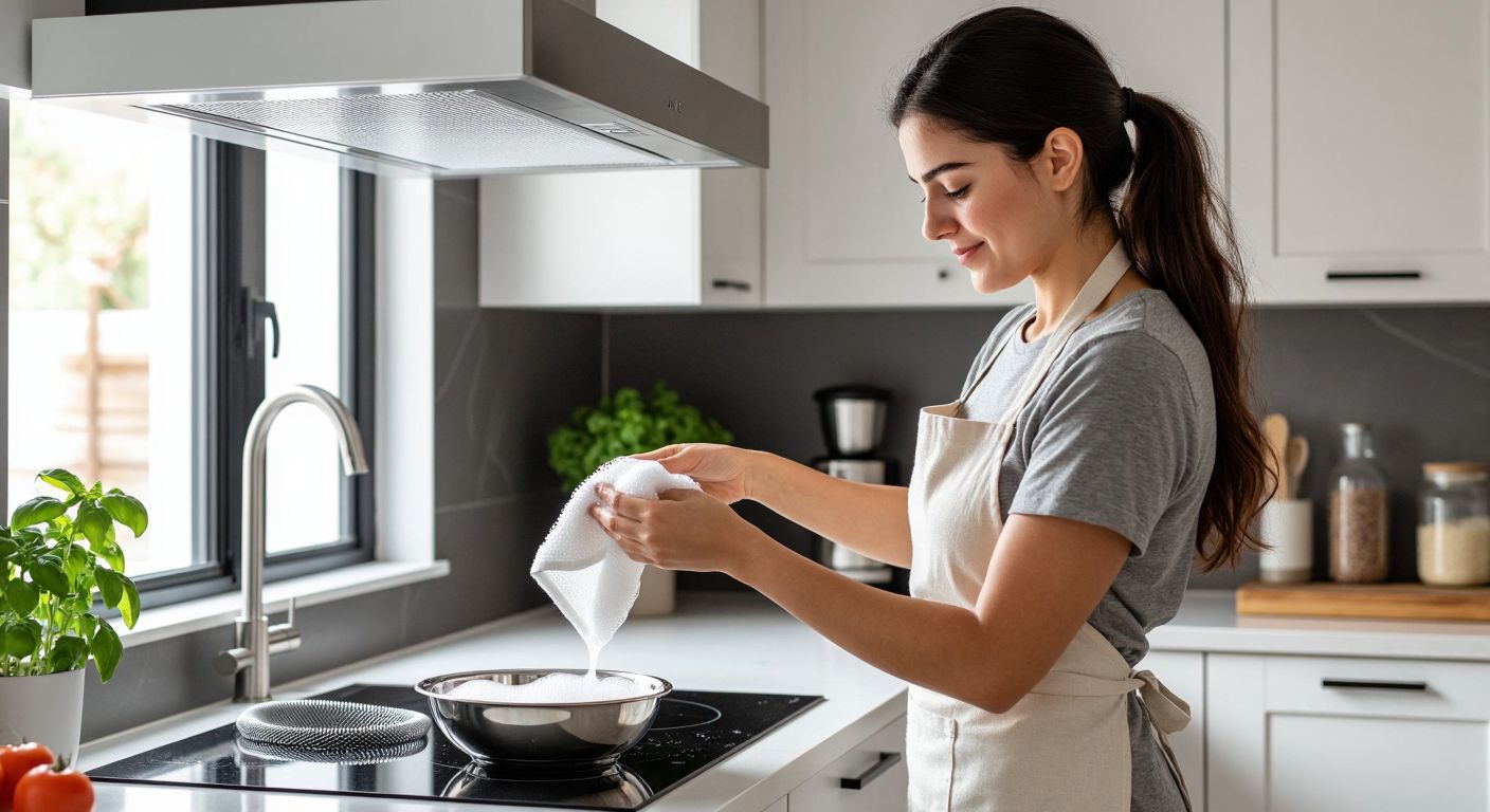 A Turkish woman in a bright, modern kitchen wearing an apron, carefully wiping a sleek white sliding range hood with a soft cloth and soapy water, while a metal filter soaks in a bowl nearby.
