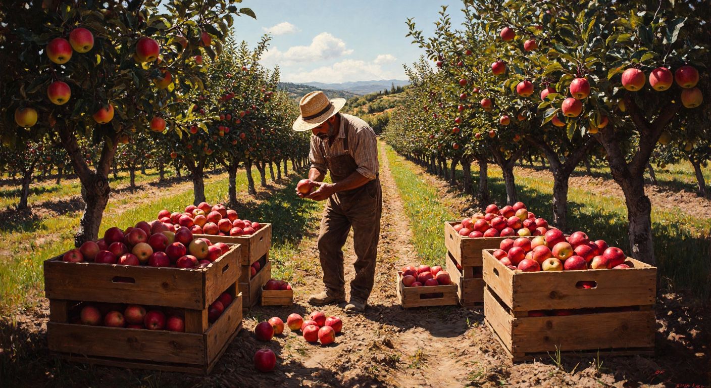 A sunlit Turkish orchard with rows of short apple trees laden with ripe red and green apples, a farmer in a straw hat carefully inspecting the fruit, and wooden crates filled with freshly picked apples nearby.