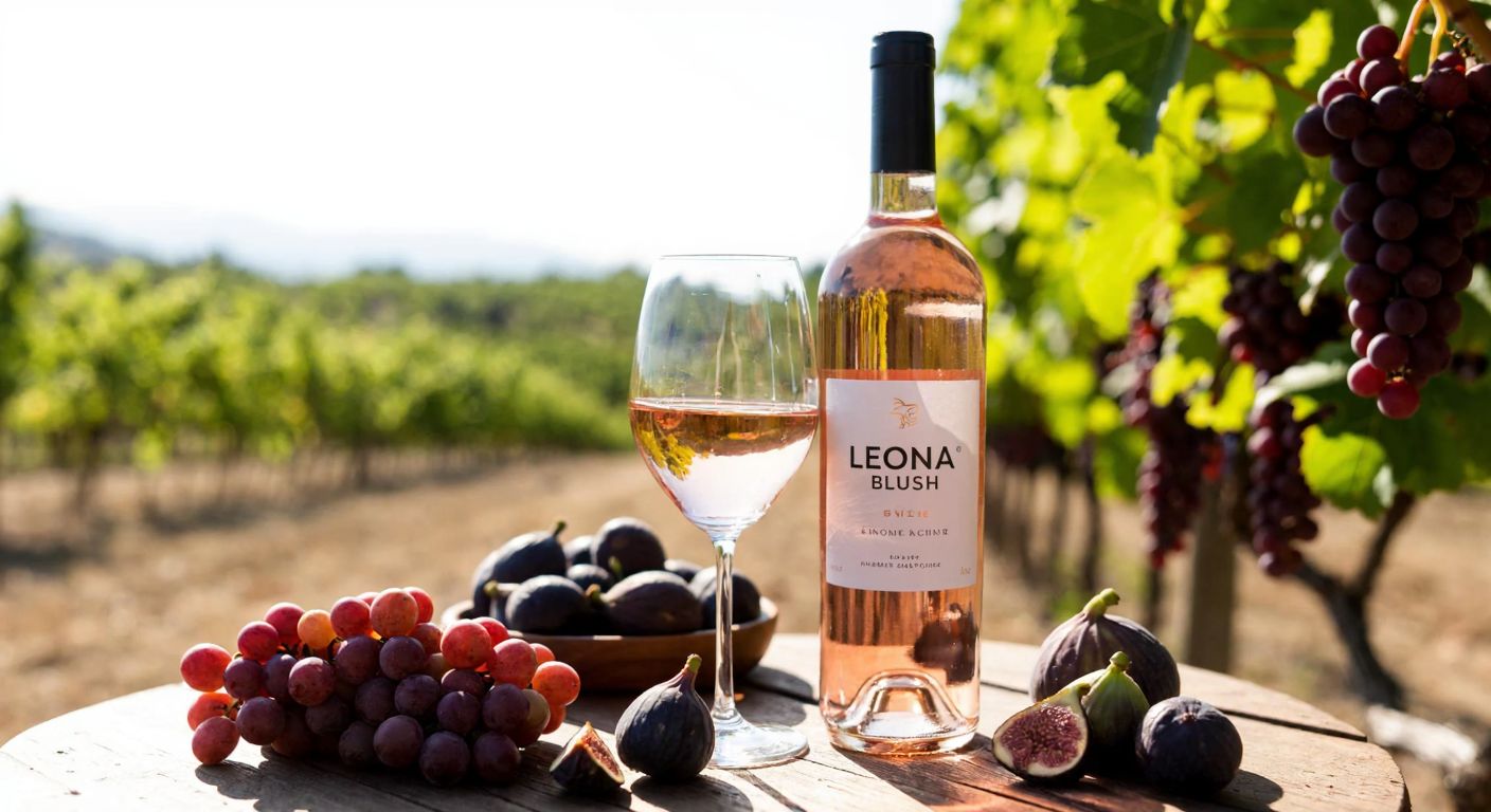A sunlit Turkish vineyard with ripe red grapes, a rustic wooden table holding a bottle of Leona Blush rosé wine and a half-filled glass, surrounded by fresh figs and a bowl of olives, evoking a relaxed, warm afternoon.