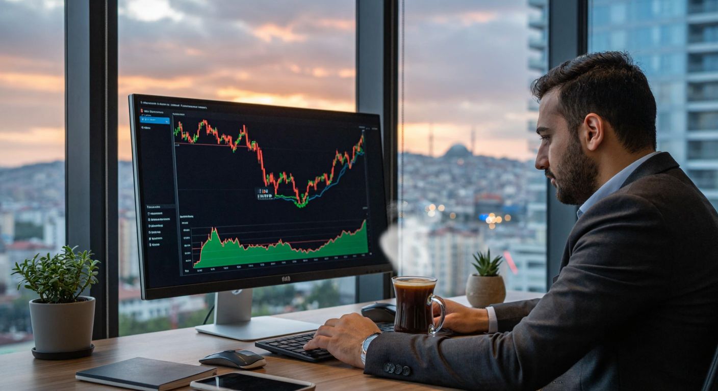 A Turkish investor in a modern office, intently studying a financial chart on a large monitor, with a steaming cup of Turkish coffee on the desk and the Borsa Istanbul building visible through the window.