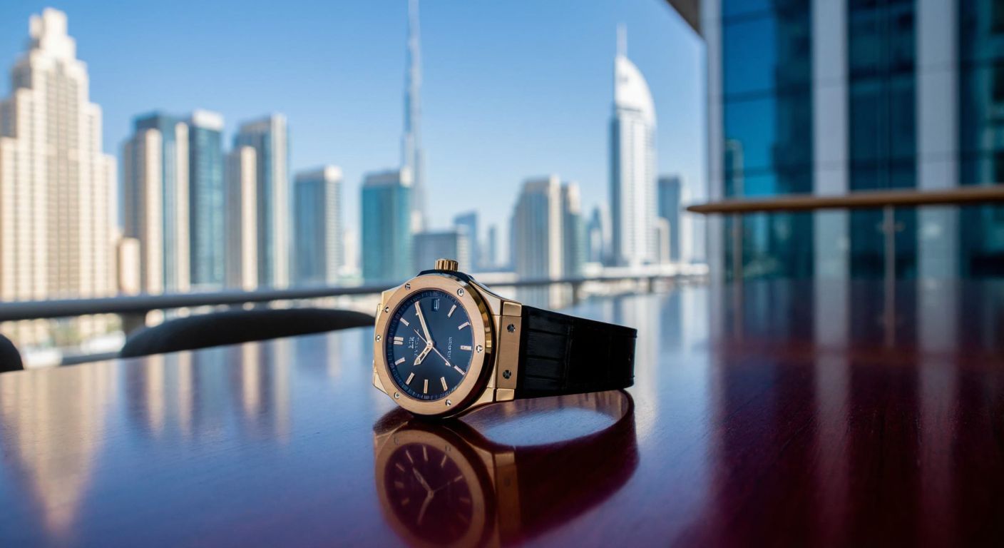 A sleek, modern wristwatch with a gold and black design resting on a polished wooden table, with a backdrop of Dubai's skyline featuring the Burj Khalifa.