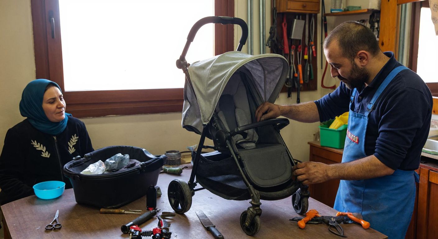 A skilled craftsman in a small workshop in Konya carefully repairs a stroller with worn but sturdy hands, surrounded by tools and spare parts, while a grateful young mother watches nearby.