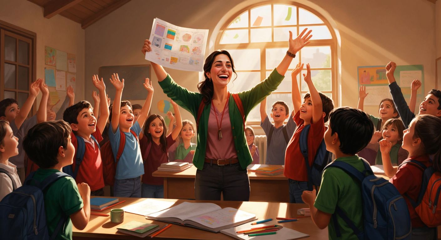 A cheerful Turkish teacher in a sunlit classroom holds up a colorful worksheet while young students eagerly raise their hands, surrounded by backpacks and scattered pencils.
