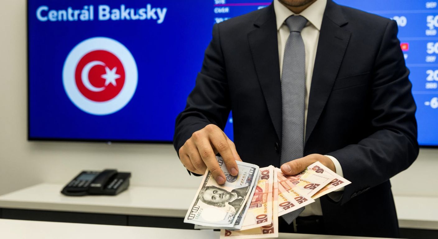 A Turkish banker in a formal suit stands behind a counter, holding a stack of foreign currency notes (USD, Euro, GBP) while pointing to a digital display showing exchange rates, with the Central Bank of Turkey's logo subtly visible in the background.