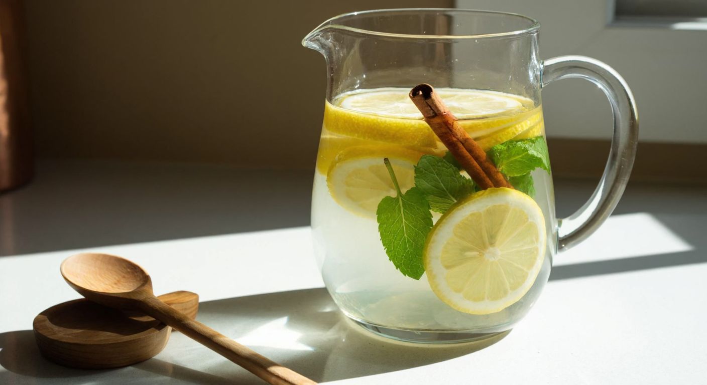 A clear glass pitcher filled with water, floating slices of fresh lemon, a cinnamon stick, and mint leaves, resting on a sunlit kitchen counter with a wooden spoon beside it.