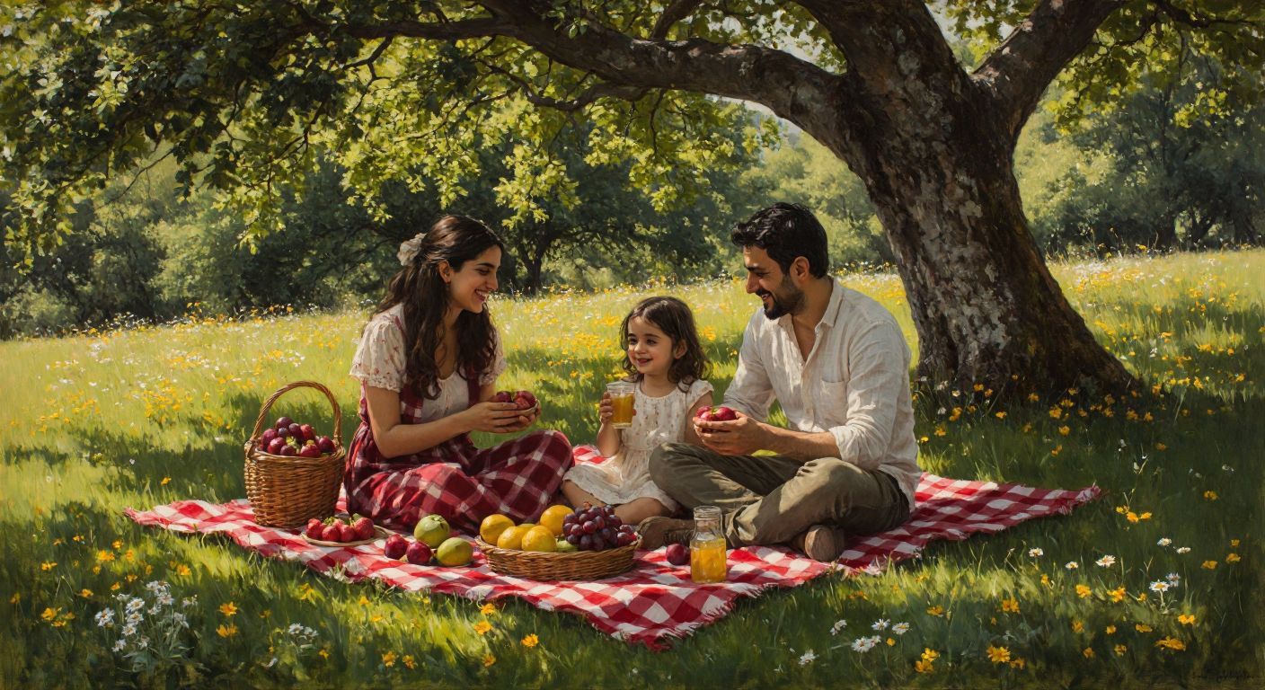 A Turkish family of four happily sits on a red-checkered picnic blanket under a shady tree, enjoying fresh fruit and drinks in a sunlit meadow surrounded by wildflowers.