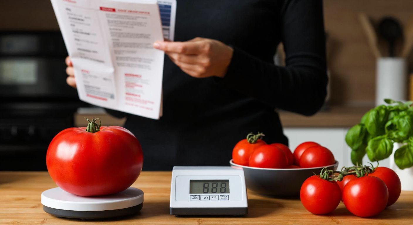 A plump red tomato sits on a kitchen scale next to a small bowl of sliced tomatoes, with a concerned Turkish woman in a home kitchen hesitating to eat them while holding a diet plan.