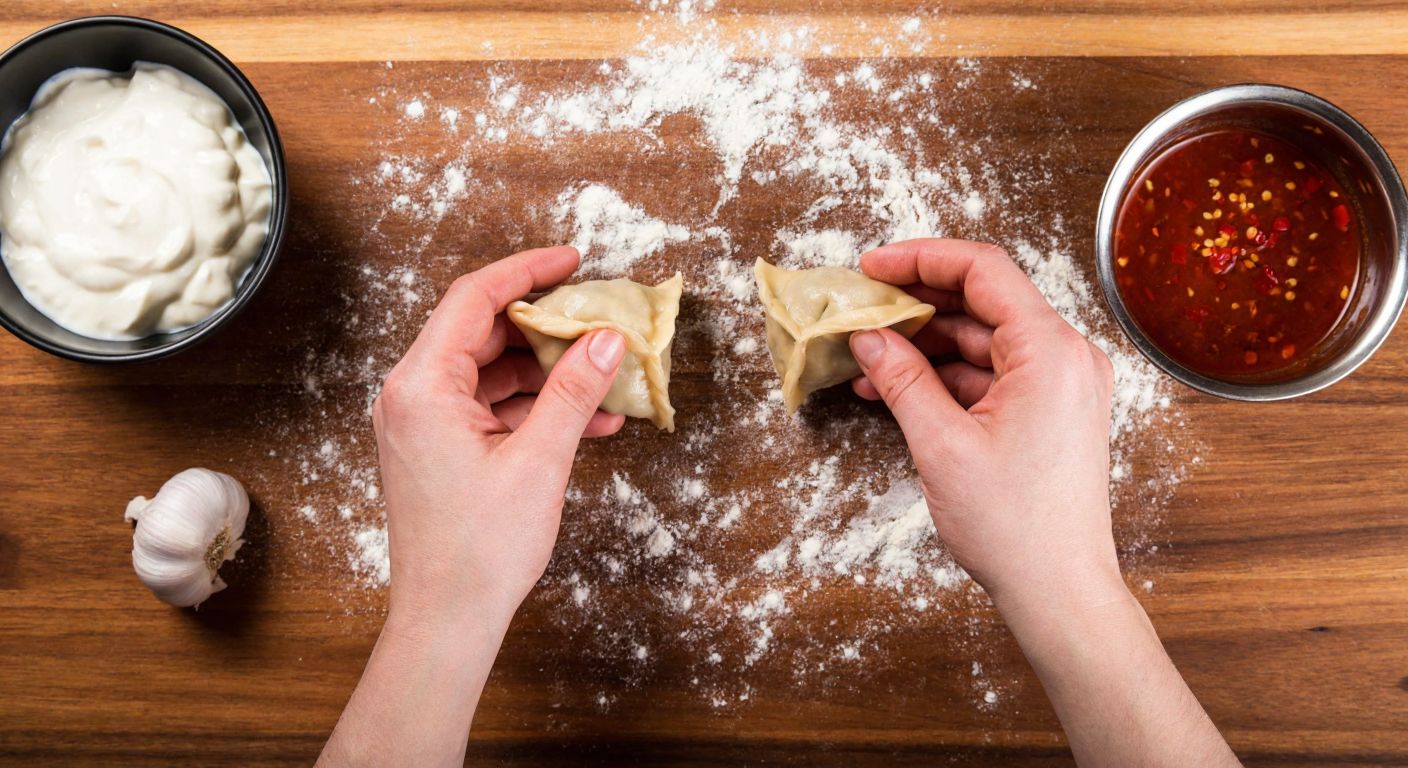 A pair of hands carefully folding triangular dumplings filled with spiced minced meat on a flour-dusted wooden table, with a bowl of garlic yogurt and a small pot of sizzling red pepper oil nearby.