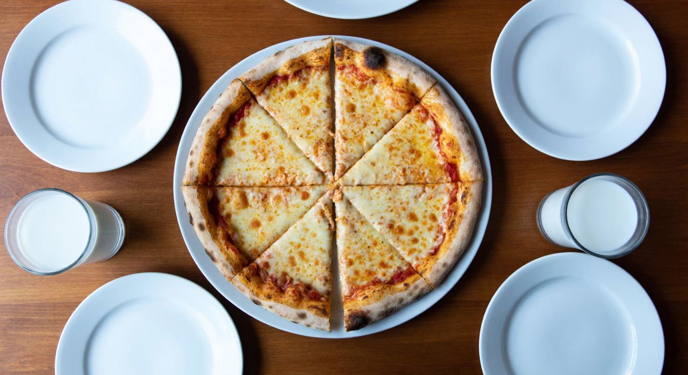 A large, steaming pizza with golden crust and melted cheese, sliced into four equal portions on a wooden table, surrounded by four empty plates and glasses of ayran, evoking a casual family meal in Turkey.