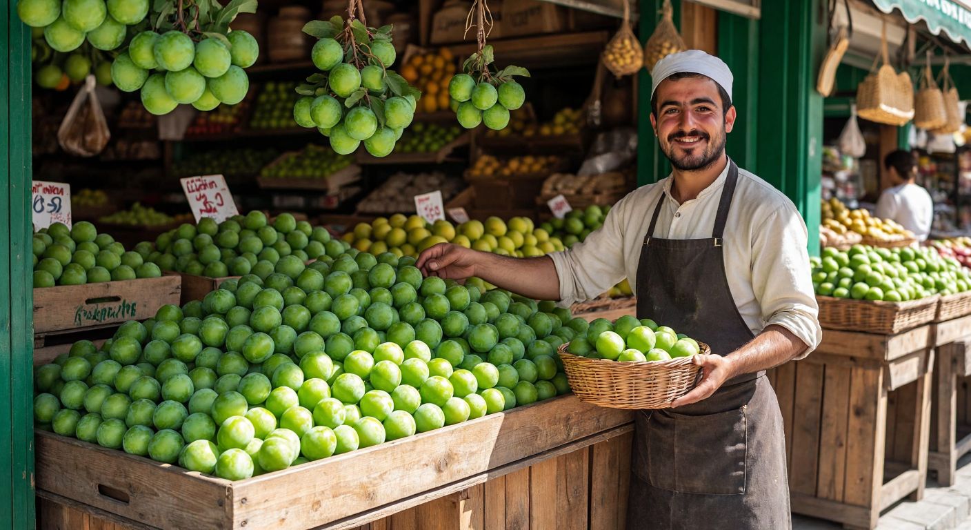 A vibrant wooden market stall in Turkey piled high with fresh green plums, their glossy skins catching sunlight, while a vendor in a traditional apron smiles and holds out a small woven basket filled with the fruit.