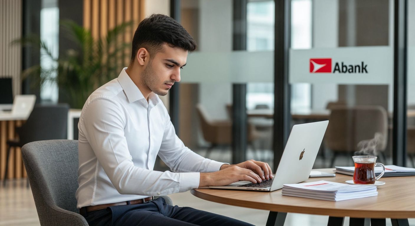 A young professional in a crisp white shirt and dark trousers sits at a wooden desk in a modern Turkish office, intently typing on a laptop with the Akbank logo subtly displayed on a glass door behind them, while a steaming cup of Turkish tea rests beside a neatly organized stack of resumes.