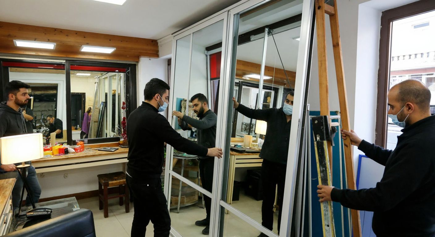 A bustling glass and mirror shop in Ankara's Keçiören district, with workers carefully handling large panes of glass while customers browse neatly displayed mirrors under warm indoor lighting.