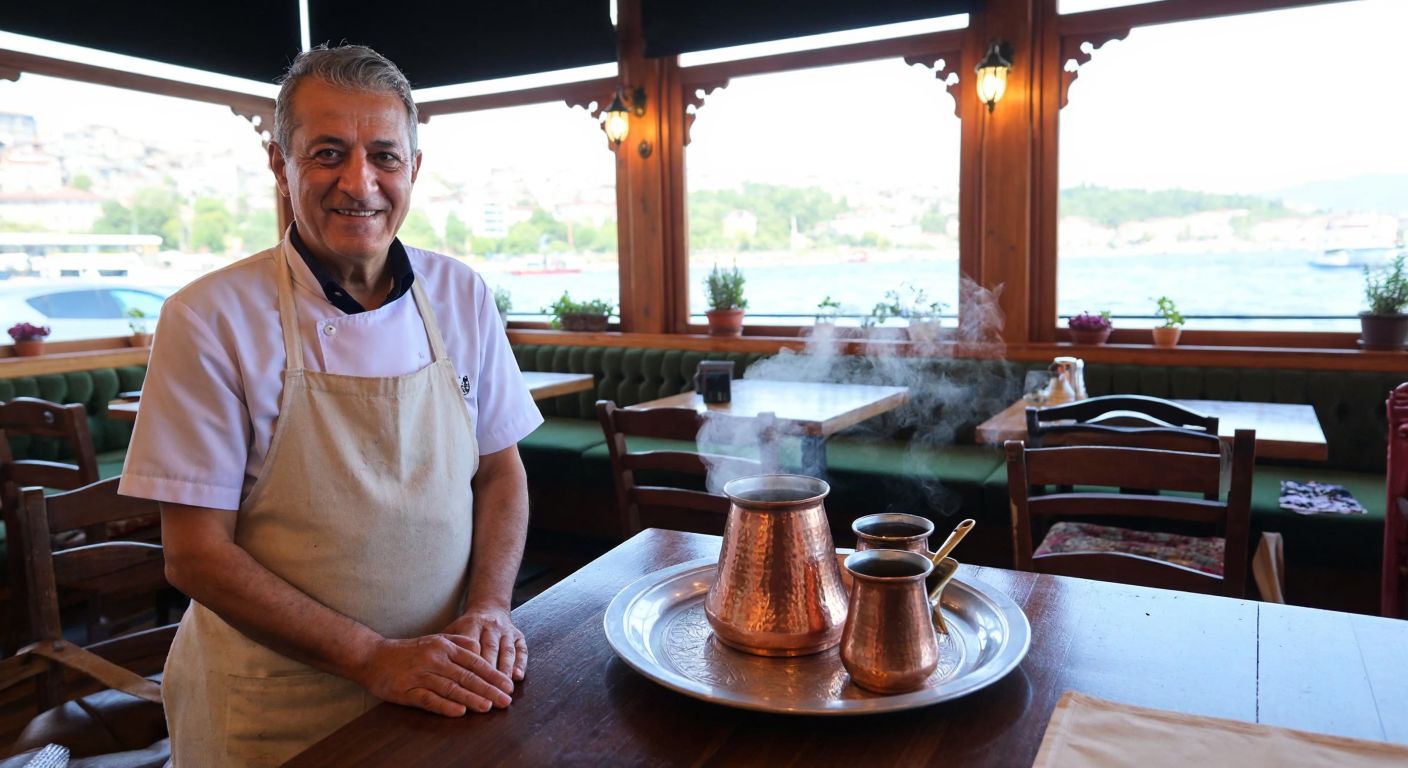 A cozy traditional Turkish coffeehouse in Üsküdar with warm wooden furnishings, a steaming copper cezve on a tray, and a smiling elderly barista wearing a white apron, set against the backdrop of the Bosphorus.