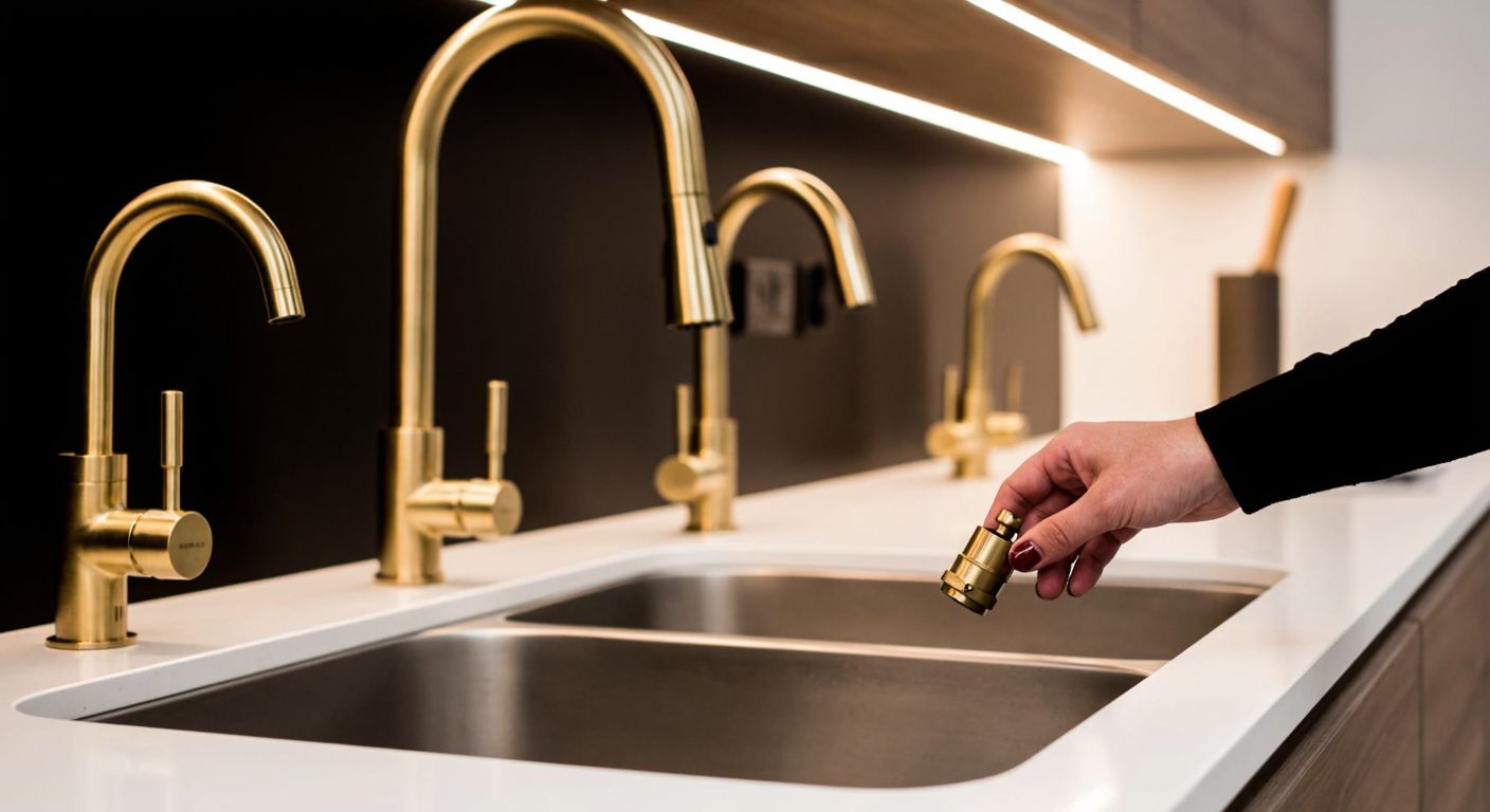 A well-lit modern Turkish kitchen with a sleek stainless steel sink, surrounded by polished brass and chrome faucets of various brands, while a hand inspects a high-quality ceramic cartridge under warm golden light.