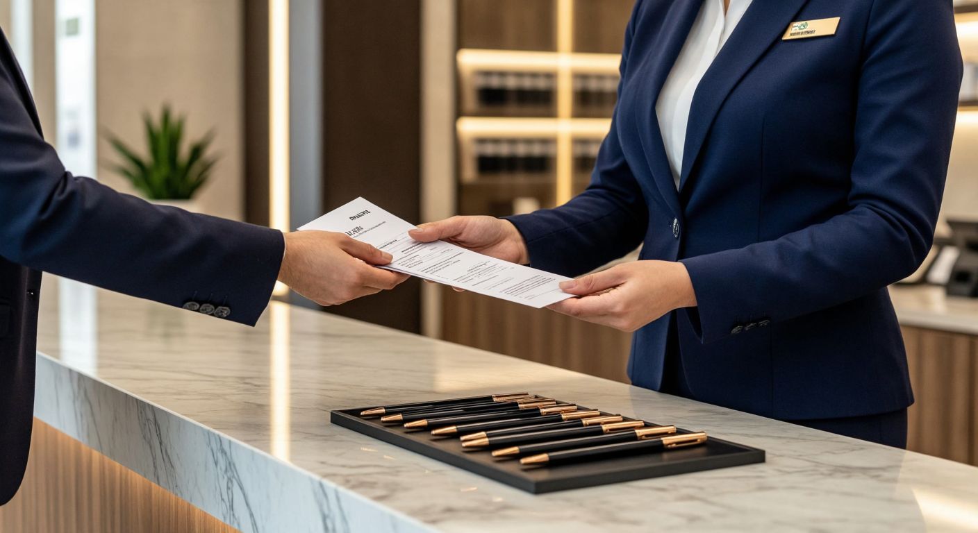 A Turkish bank clerk in a formal blue uniform hands a customer a printed receipt while standing behind a marble counter in a well-lit bank branch, with a row of identical pens neatly arranged on the desk.