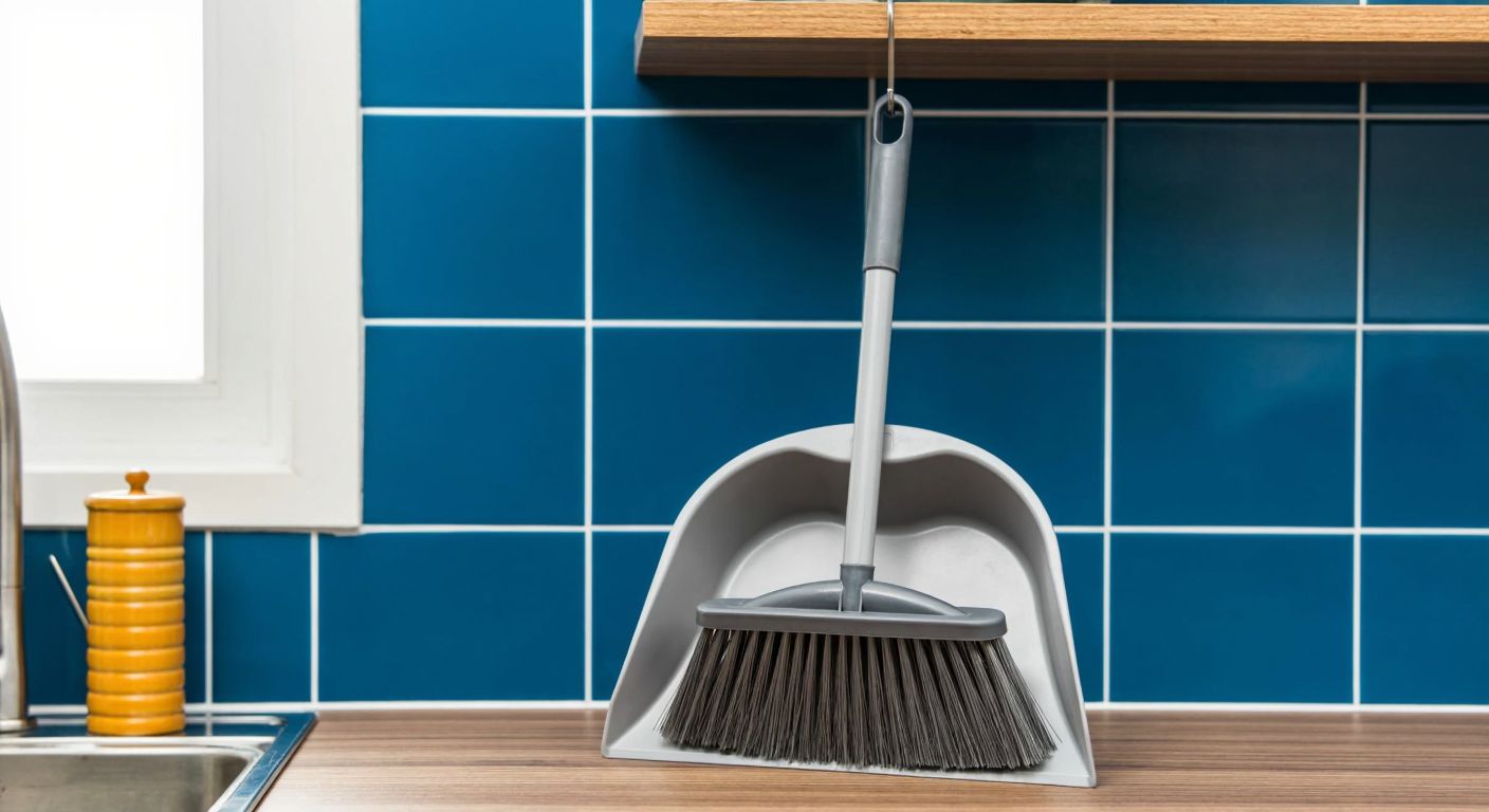A gray foldable dustpan with a rubber edge and a matching brush, neatly hanging on a hook in a bright Turkish kitchen with blue-tiled walls and a wooden countertop.