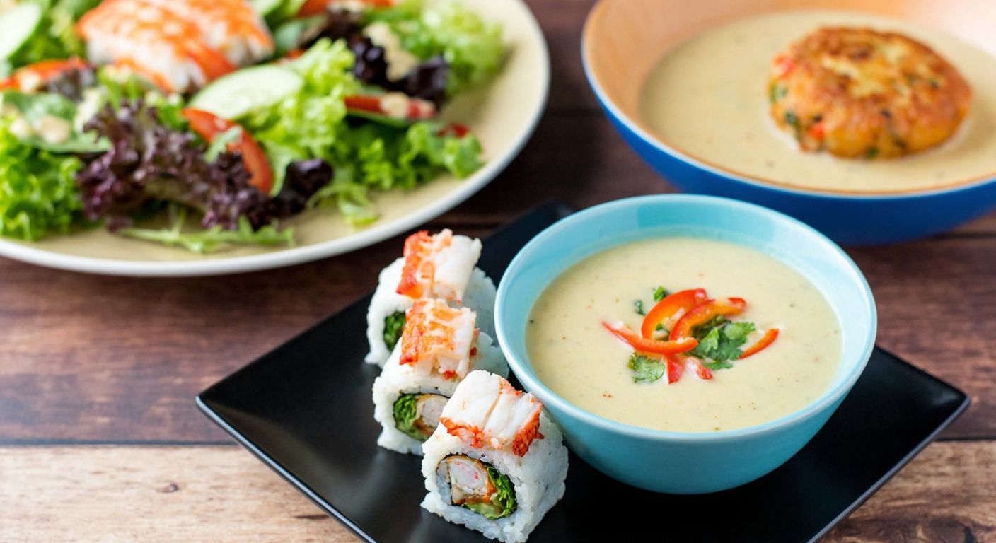 A vibrant plate of sushi rolls with crab meat, fresh vegetables, and rice, placed beside a bowl of creamy crab soup and a golden crab cake, all arranged on a rustic wooden table with a colorful salad in the background.