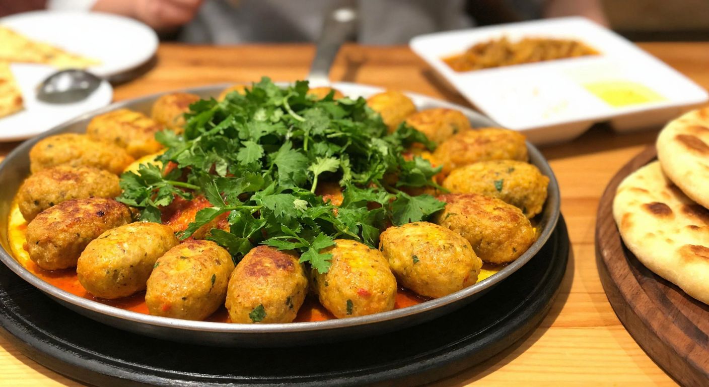 A steaming plate of golden-brown **atom köfte** with fresh parsley garnish, served on a rustic wooden table in a cozy **Ödemiş** eatery, surrounded by warm bread and a side of tangy yogurt sauce.