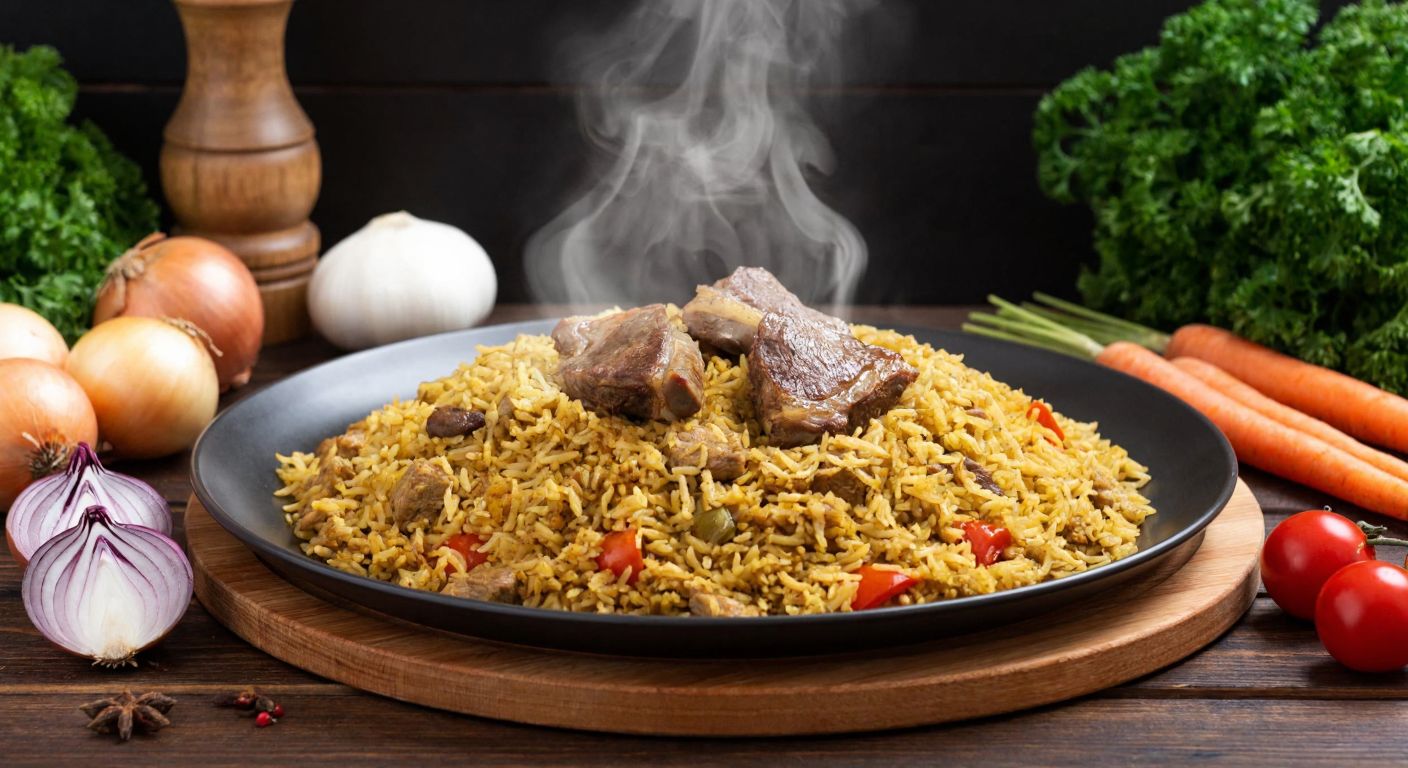 A steaming plate of golden **kepse pilavı** with tender lamb pieces, surrounded by fresh ingredients like onions, tomatoes, and carrots on a rustic wooden table in a Turkish kitchen.