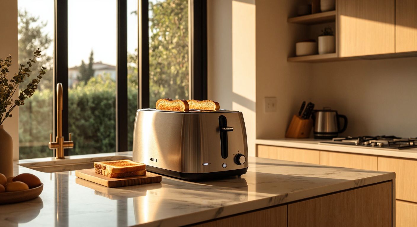 A modern Turkish kitchen with a sleek Philips toaster on a marble countertop, golden toast peeking out, and warm morning sunlight streaming through the window.