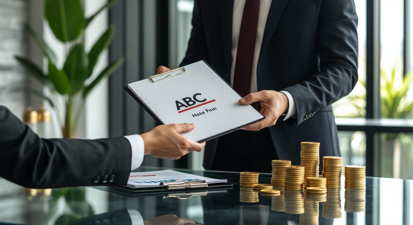 A sleek, modern office in Turkey with a financial advisor in a crisp suit presenting a folder labeled "ABC Hisse Fonu" to a client, surrounded by abstract gold coins and upward-trending graphs on a glass table.