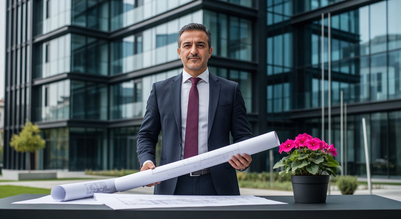 A confident middle-aged Turkish businessman in a sharp suit stands proudly in front of a modern glass office building in Istanbul, holding architectural blueprints, with a small potted açelya (azalea) plant on his desk symbolizing the company's name.