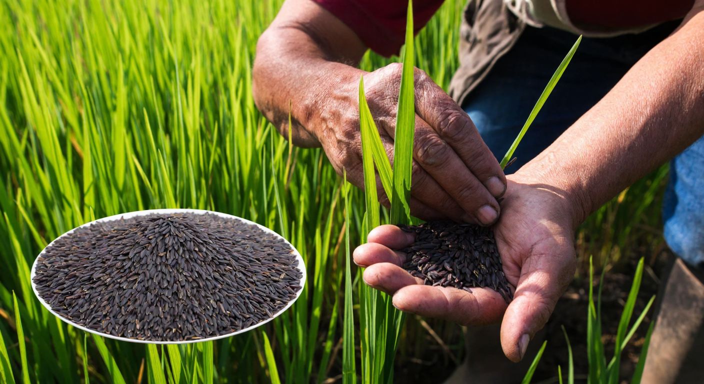 A close-up of a farmer's weathered hands carefully tending to lush black rice stalks in a sunlit Turkish paddy field, with a small pile of dark grains beside them.