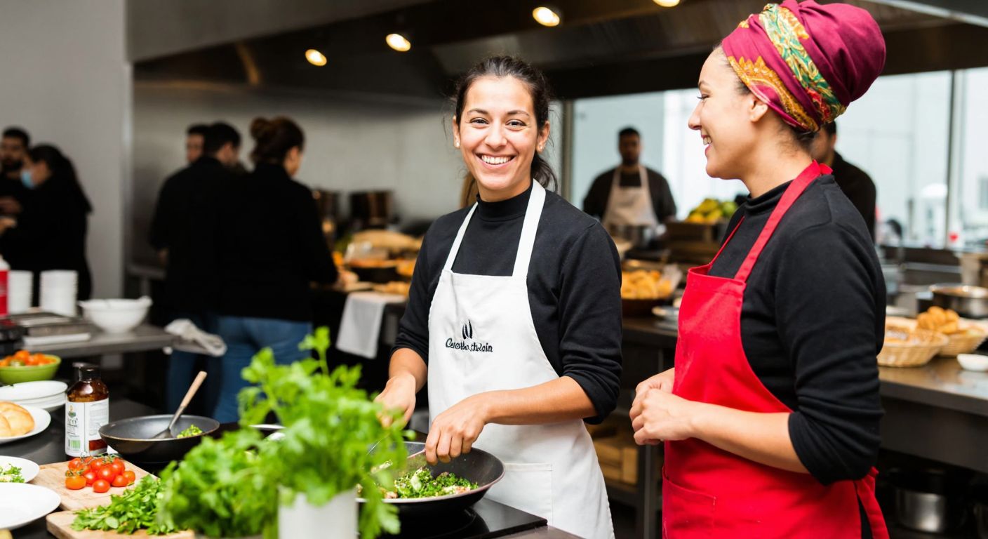 A smiling woman in a chef’s apron stands in a bustling Turkish kitchen, chopping fresh herbs while another woman in a vibrant headscarf presents a sizzling dish to judges at a lively cooking competition.