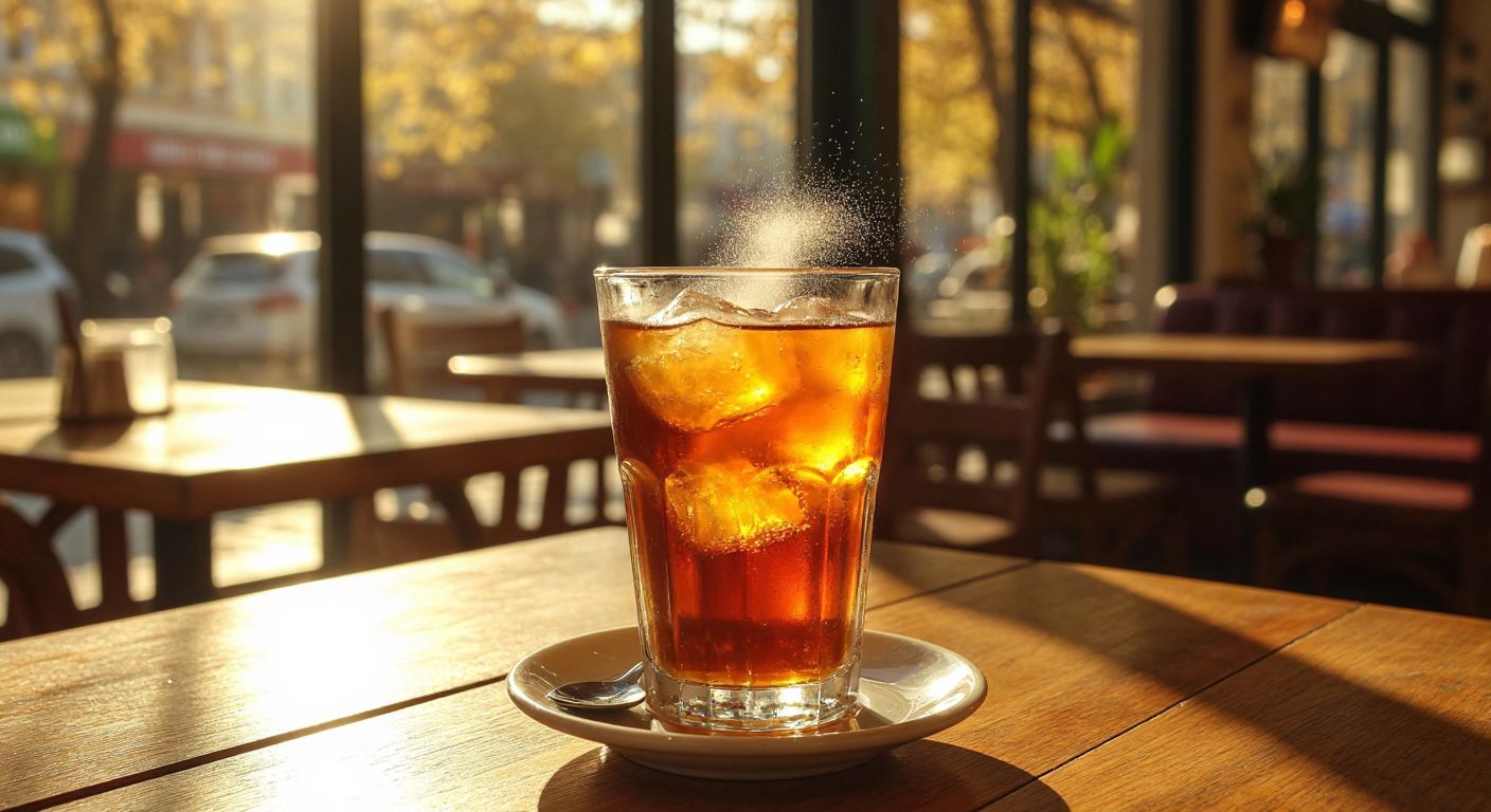 A glass of iced tea with a spoonful of sugar spilling over the rim, set on a sunlit wooden table in a Turkish café, with a concerned person frowning at the drink.