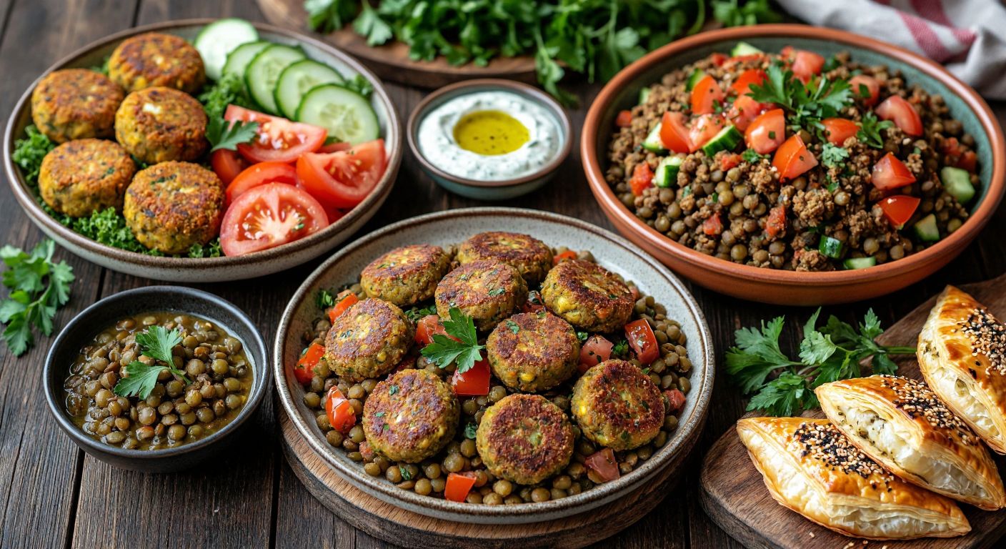 A rustic wooden table in a Turkish kitchen holds a vibrant spread of green lentil dishes: golden-brown lentil köfte on a ceramic plate, a fresh lentil salad with diced tomatoes and cucumbers, a steaming bowl of minced meat and lentil stew, and flaky börek with poppy seed paste, all surrounded by scattered fresh herbs and a drizzle of olive oil.