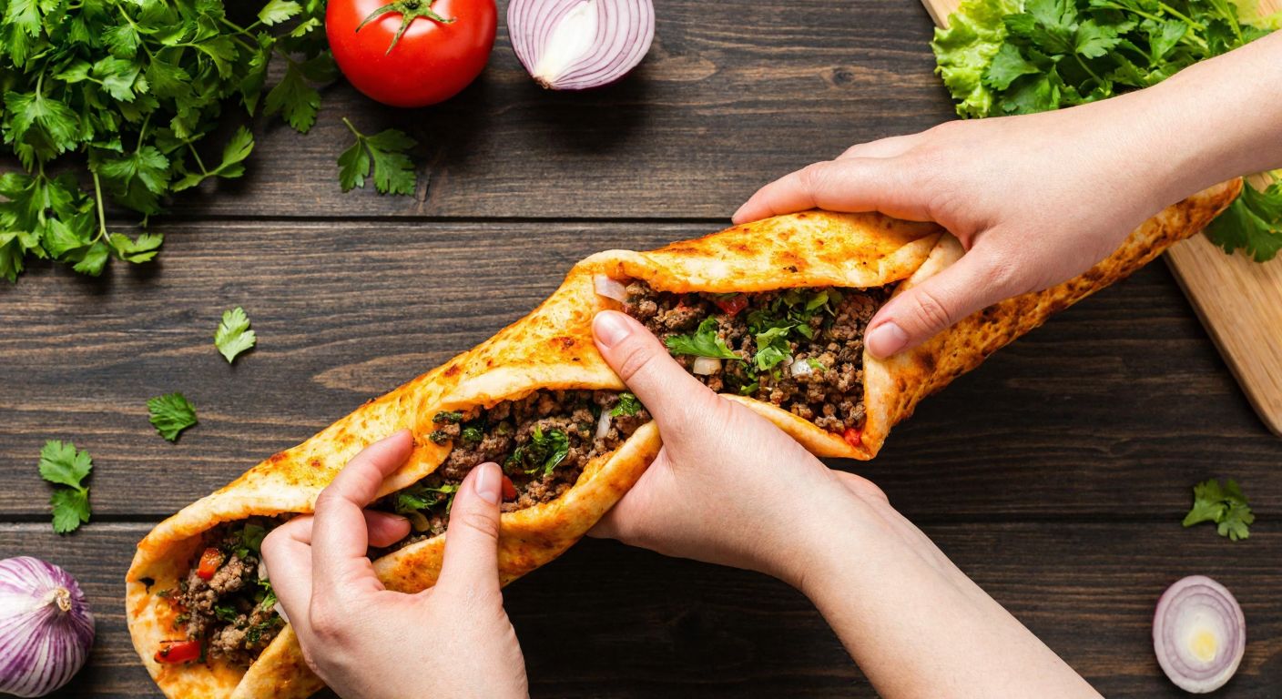 A pair of hands carefully rolling a freshly baked lahmacun filled with minced meat, vegetables, and herbs into a tight wrap, with a rustic wooden table in the background scattered with ingredients like tomatoes, parsley, and onions.