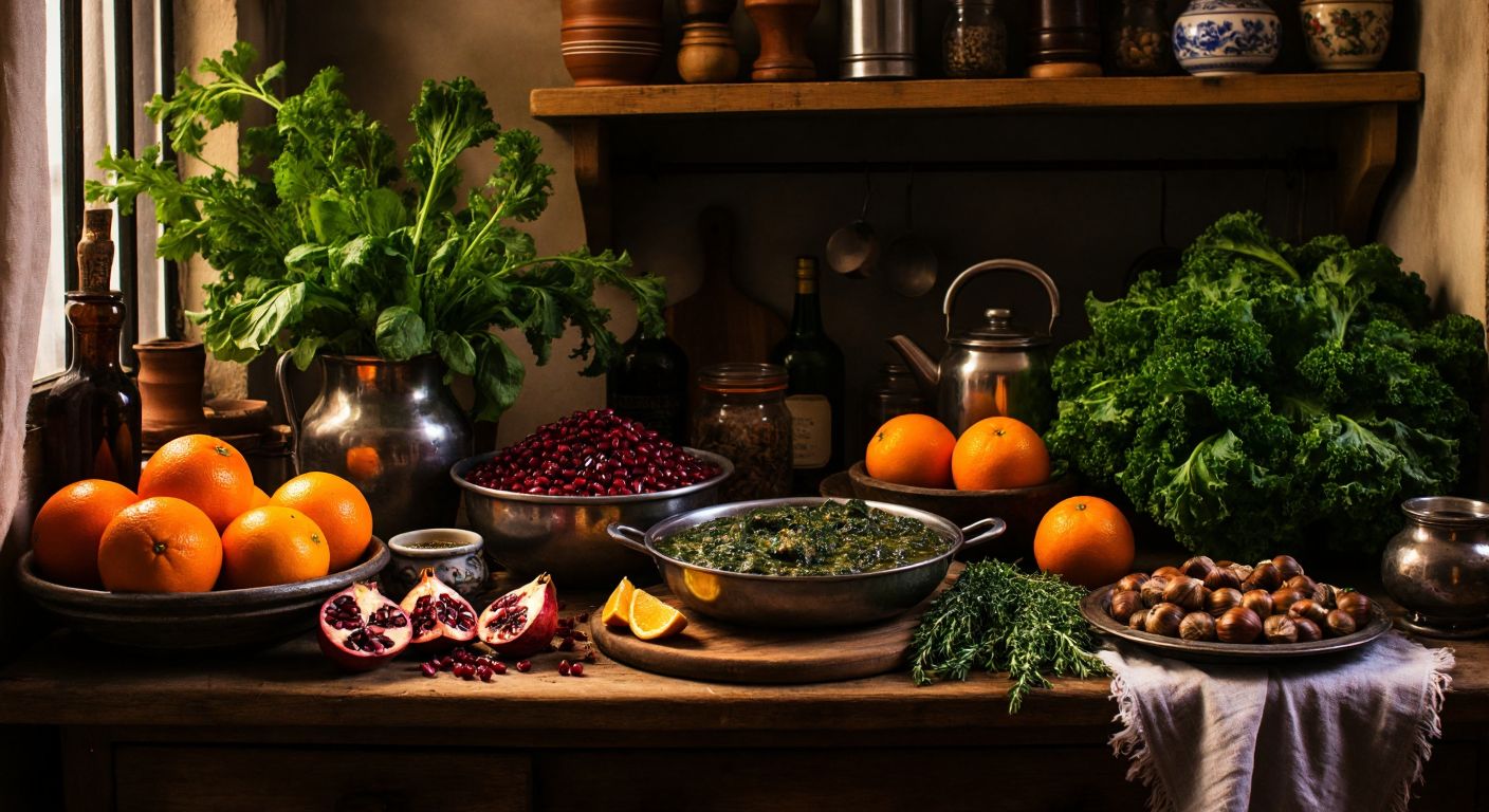 A rustic wooden table in a cozy Turkish kitchen, piled high with vibrant December produce—spinach, oranges, pomegranates, and fresh hamsi fish—alongside a steaming bowl of creamy spinach soup and roasted chestnuts.