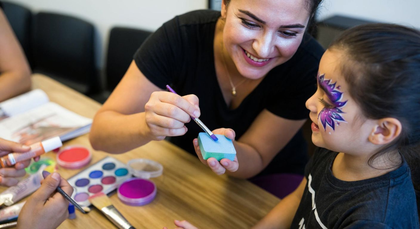A smiling artist in Turkey carefully applies vibrant metallic face paint to a child’s cheek using a damp sponge, surrounded by colorful Diamond FX palettes and brushes on a wooden table.