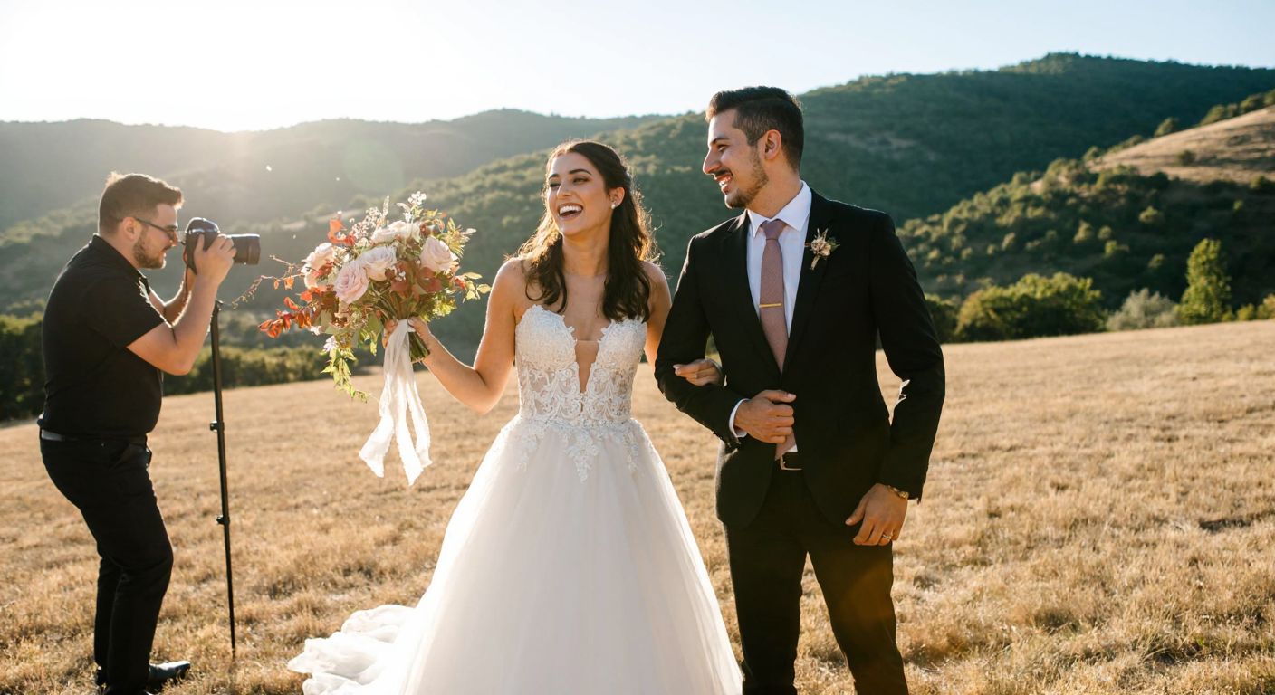A joyful Turkish bride and groom posing in a sunlit outdoor setting, with the bride holding a unique floral bouquet and wearing an elegant rented wedding dress, while a photographer captures their moment against a picturesque backdrop of rolling hills.