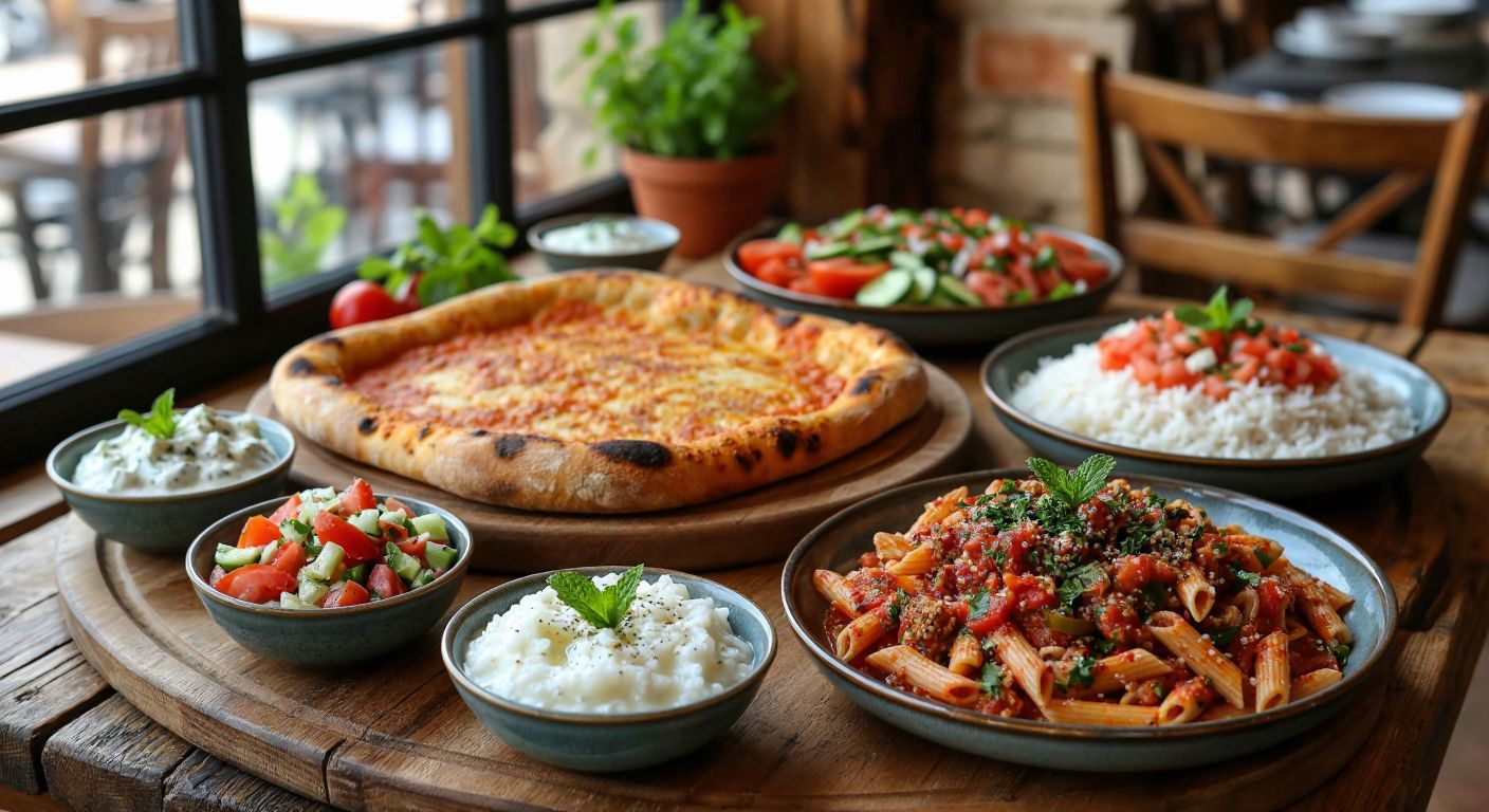 A rustic wooden table in a cozy Turkish kitchen holds a golden-brown toasted bread from the oven, surrounded by small bowls of garlicky yogurt with fresh mint, a plate of fluffy white rice pilaf, a vibrant shepherd’s salad with diced tomatoes and cucumbers, a quinoa salad with colorful vegetables, and a steaming plate of tomato-sauced pasta.