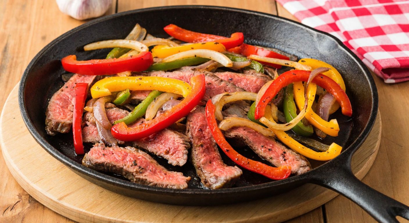 A sizzling cast-iron skillet filled with thinly sliced beef steak, vibrant julienned red, yellow, and green bell peppers, and onions, glistening with olive oil and aromatic spices, resting on a rustic wooden table in a Turkish kitchen.