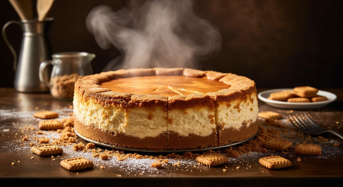 A golden-brown Lotus cheesecake sits on a kitchen counter in Turkey, surrounded by scattered Lotus biscuit crumbs, with steam rising from its slightly cracked surface, evoking warmth and indulgence.