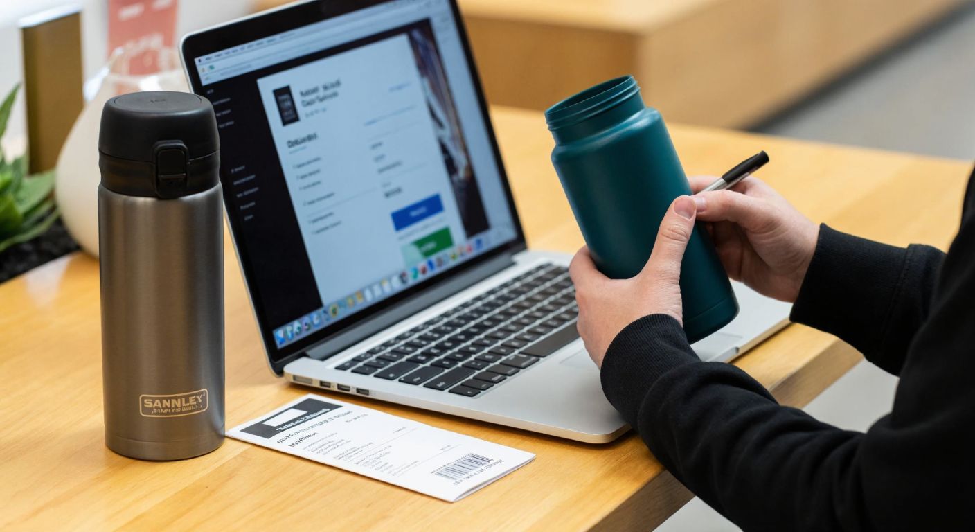 A person in Turkey carefully fills out a form on a laptop while holding a Stanley thermos, with a receipt and product barcode visible on the table beside them.