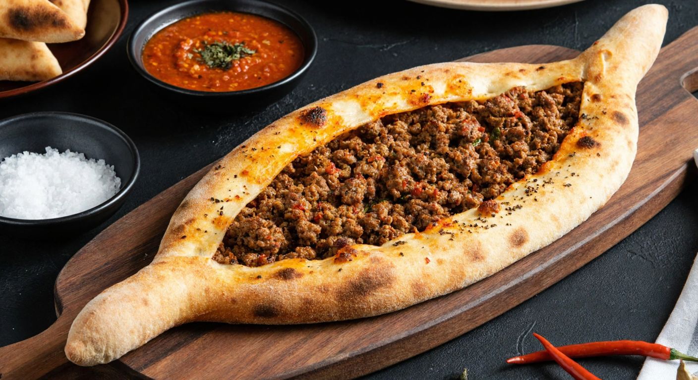 A warm, golden-brown flatbread filled with spiced minced meat, sprinkled with black pepper and red pepper flakes, resting on a rustic wooden table in a Turkish kitchen, with a bowl of tomato paste and a small dish of salt nearby.