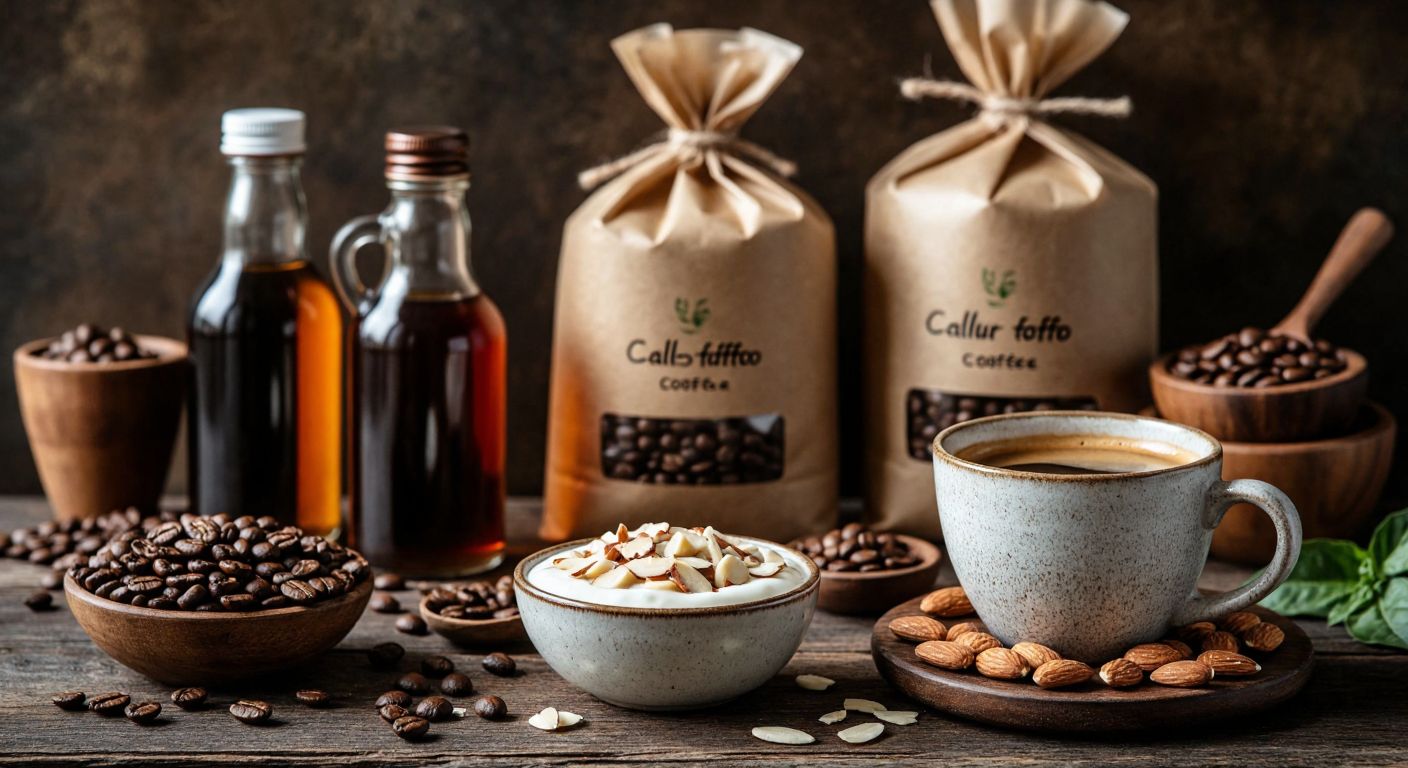 A rustic Italian coffee bar with stacked bags of imported coffee beans, syrup bottles, and a steaming cup of espresso beside a small bowl of yogurt sprinkled with almonds, symbolizing calcium-rich foods.