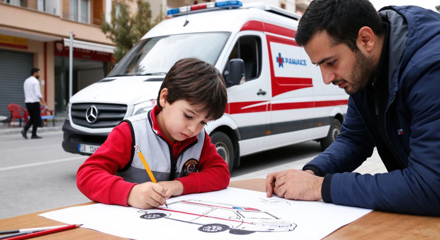 A child in Turkey carefully sketches a white ambulance with red stripes, using a pencil on paper, while an adult guides their hand near the wheels.