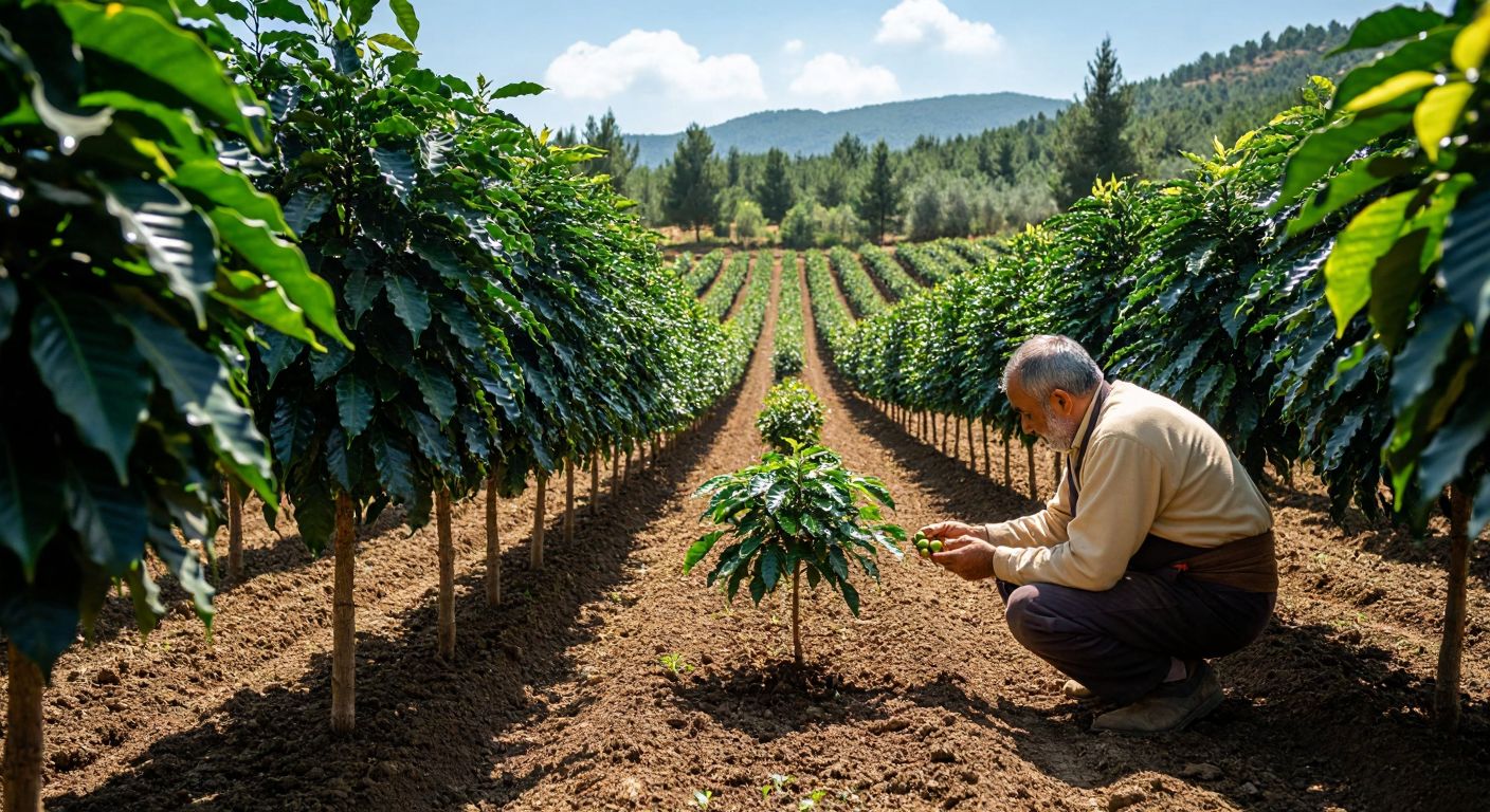 A sunlit experimental farm in Mersin with young coffee trees planted in neat rows, their dark green leaves glistening, while a curious farmer in traditional Turkish clothing gently inspects a small, unripe coffee cherry.