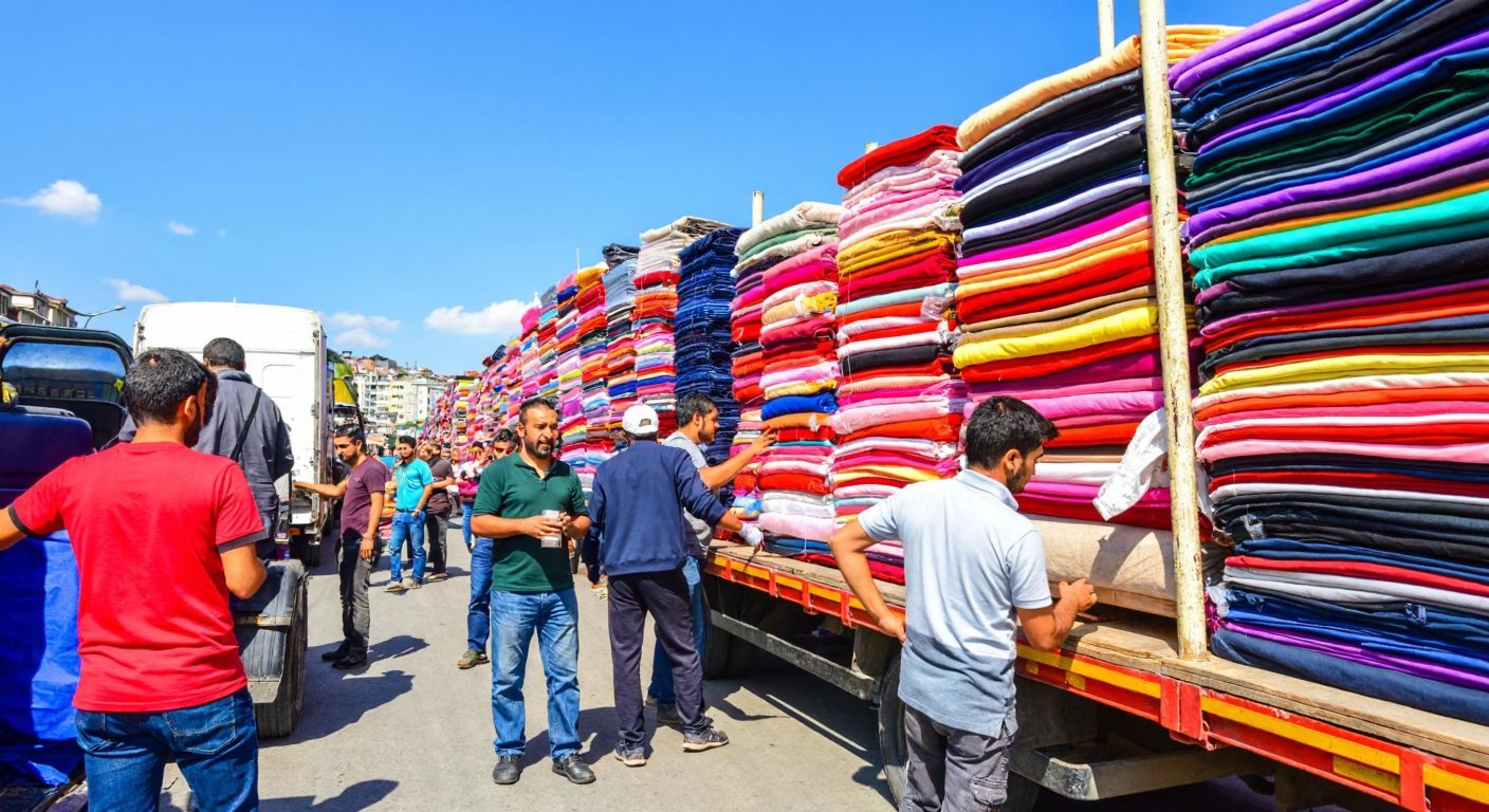 A bustling textile market in Merter, Istanbul, with vibrant stacks of colorful fabrics, merchants in lively discussion, and workers loading bolts of cloth onto trucks under a bright blue sky.