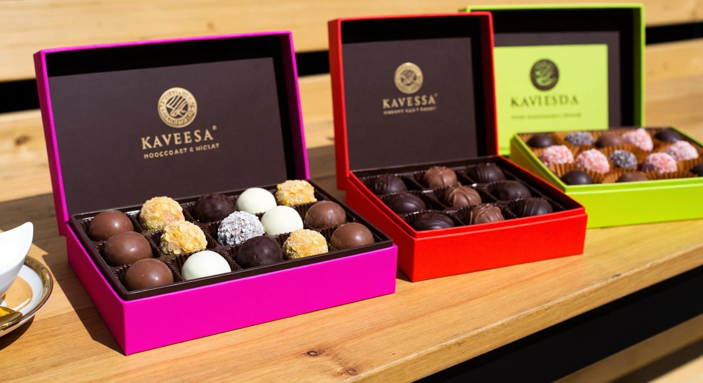 A colorful display of Kahve Dünyası chocolate boxes on a wooden table, one filled with assorted milk and dark chocolates and another with neatly arranged truffles, evoking warmth and indulgence.